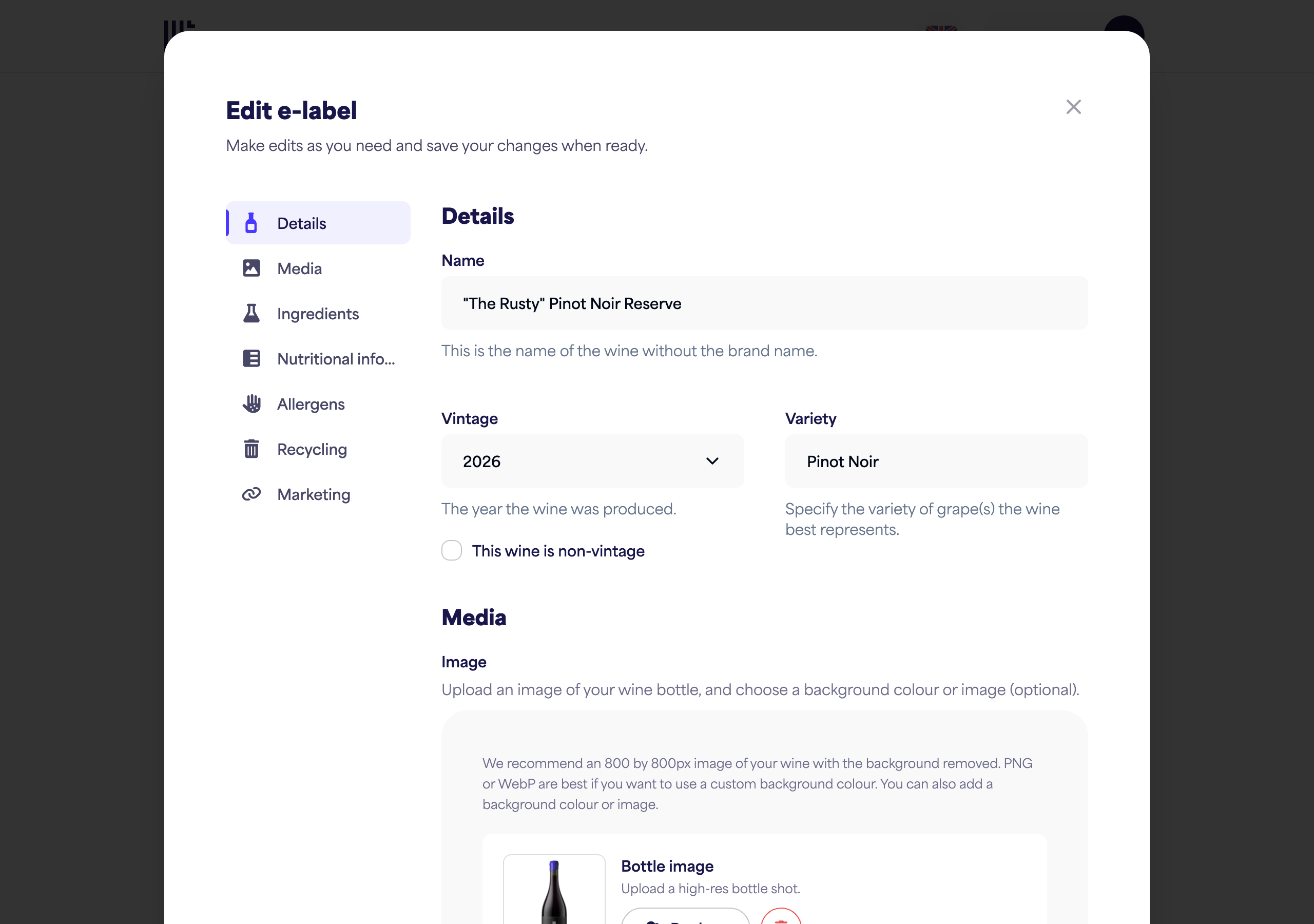 The e-label form showing the Name, Vintage, and Variety fields and the bottle image upload